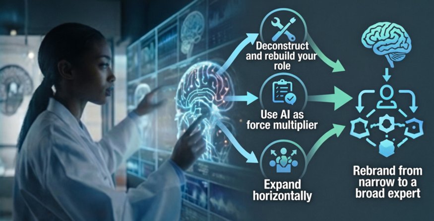 Diagram showing the process of deconstructing and rebuilding your role, using AI as a force multiplier, and expanding horizontally to rebrand from a narrow to a broad expert